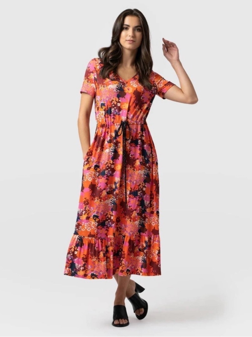 Saint + Sofia Meredith Dress Size 10 V Neck Floral Maxi Stretch Colorful Fall